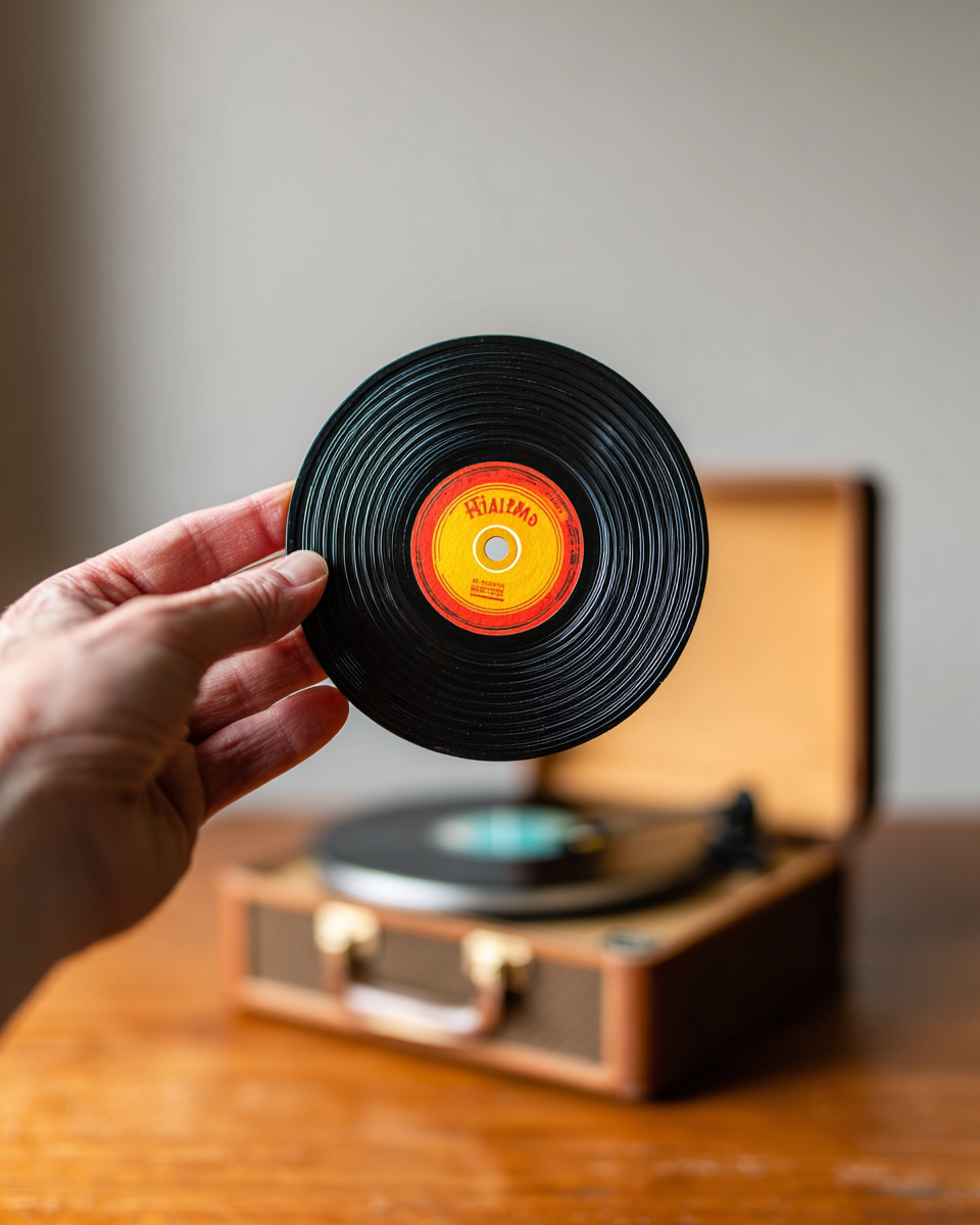 Hand holding a miniature vinyl coaster in front of a turntable